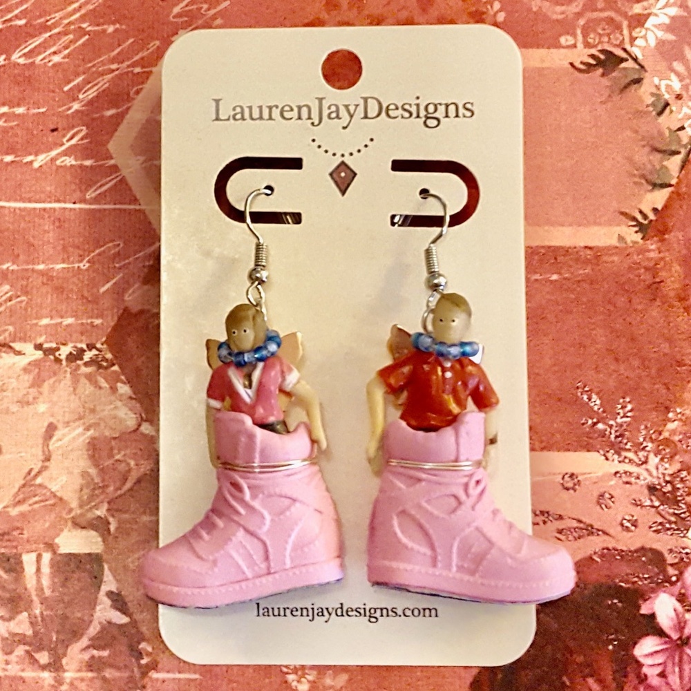 Shoe Fairies Barbie Pink Shoes Miniature Fairy Dolls Beaded Dangle Earrings